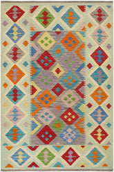 Flat Weave Kilim Antique Navaho Vintage handmade Geometric Kilim Purple Blue Hand-Woven Rectangle 100% Wool Area Rug 5x7