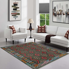 Flat Weave Kilim Antique Navaho Vintage handmade Geometric Kilim Charcoal Red Hand-Woven Rectangle 100% Wool Area Rug 6x8