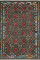 Flat Weave Kilim Antique Navaho Vintage handmade Geometric Kilim Charcoal Red Hand-Woven Rectangle 100% Wool Area Rug 6x8