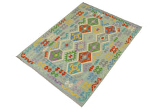 Flat Weave Kilim Antique Navaho Vintage handmade Geometric Kilim Blue Rust Hand-Woven Rectangle 100% Wool Area Rug 5x7