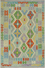 Flat Weave Kilim Antique Navaho Vintage handmade Geometric Kilim Blue Rust Hand-Woven Rectangle 100% Wool Area Rug 5x7