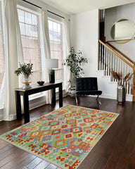 Flat Weave Kilim Antique Navaho Vintage handmade Geometric Kilim Rust Blue Hand-Woven Rectangle 100% Wool Area Rug 6x8