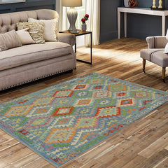 Flat Weave Kilim Antique Navaho Vintage handmade Geometric Kilim Blue Rust Hand-Woven Rectangle 100% Wool Area Rug 5x7