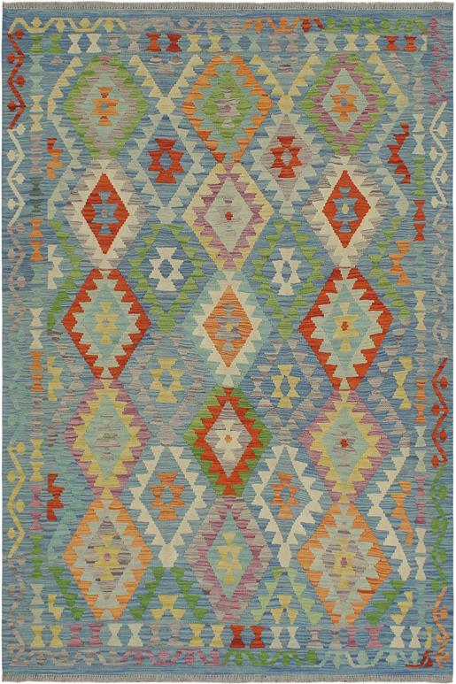 Flat Weave Kilim Antique Navaho Vintage handmade Geometric Kilim Blue Rust Hand-Woven Rectangle 100% Wool Area Rug 5x7