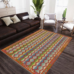 Flat Weave Kilim Antique Navaho Vintage handmade Modern Kilim Blue Rust Hand-Woven Rectangle 100% Wool Area Rug 5x8