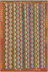 Flat Weave Kilim Antique Navaho Vintage handmade Modern Kilim Blue Rust Hand-Woven Rectangle 100% Wool Area Rug 5x8