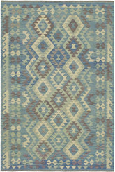 Flat Weave Kilim Antique Navaho Vintage handmade Geometric Kilim Blue Beige Hand-Woven Rectangle 100% Wool Area Rug 5x6