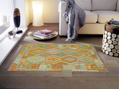 handmade Geometric Kilim Orange Blue Hand-Woven RECTANGLE 100% WOOL area rug 4 x 5
