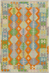 Flat Weave Kilim Antique Navaho Vintage handmade Geometric Kilim Orange Blue Hand-Woven Rectangle 100% Wool Area Rug 4x6