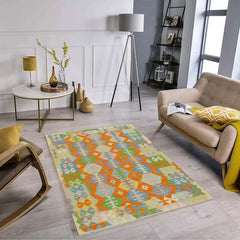 Flat Weave Kilim Antique Navaho Vintage handmade Geometric Kilim Orange Blue Hand-Woven Rectangle 100% Wool Area Rug 4x6