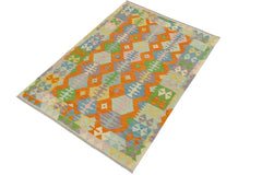 Flat Weave Kilim Antique Navaho Vintage handmade Geometric Kilim Orange Blue Hand-Woven Rectangle 100% Wool Area Rug 4x6