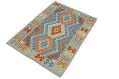 Flat Weave Kilim Antique Navaho Vintage handmade Geometric Kilim Blue Rust Hand-Woven Rectangle 100% Wool Area Rug 3x4
