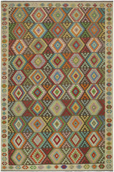 Flat Weave Kilim Antique Navaho Vintage handmade Geometric Kilim Brown Beige Hand-Woven Rectangle 100% Wool Area Rug 9x12