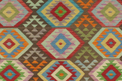 Flat Weave Kilim Antique Navaho Vintage handmade Geometric Kilim Brown Beige Hand-Woven Rectangle 100% Wool Area Rug 9x12