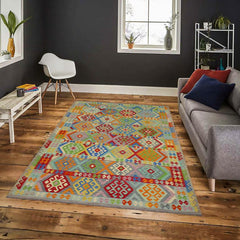 Flat Weave Kilim Antique Navaho Vintage handmade Geometric Kilim Blue Red Hand-Woven Rectangle 100% Wool Area Rug 8x11