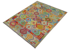 Flat Weave Kilim Antique Navaho Vintage handmade Geometric Kilim Blue Red Hand-Woven Rectangle 100% Wool Area Rug 8x11