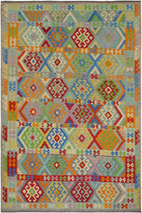 Flat Weave Kilim Antique Navaho Vintage handmade Geometric Kilim Blue Red Hand-Woven Rectangle 100% Wool Area Rug 8x11