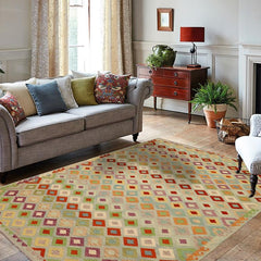 Flat Weave Kilim Antique Navaho Vintage handmade Modern Kilim Blue Rust Hand-Woven Rectangle 100% Wool Area Rug 8x11