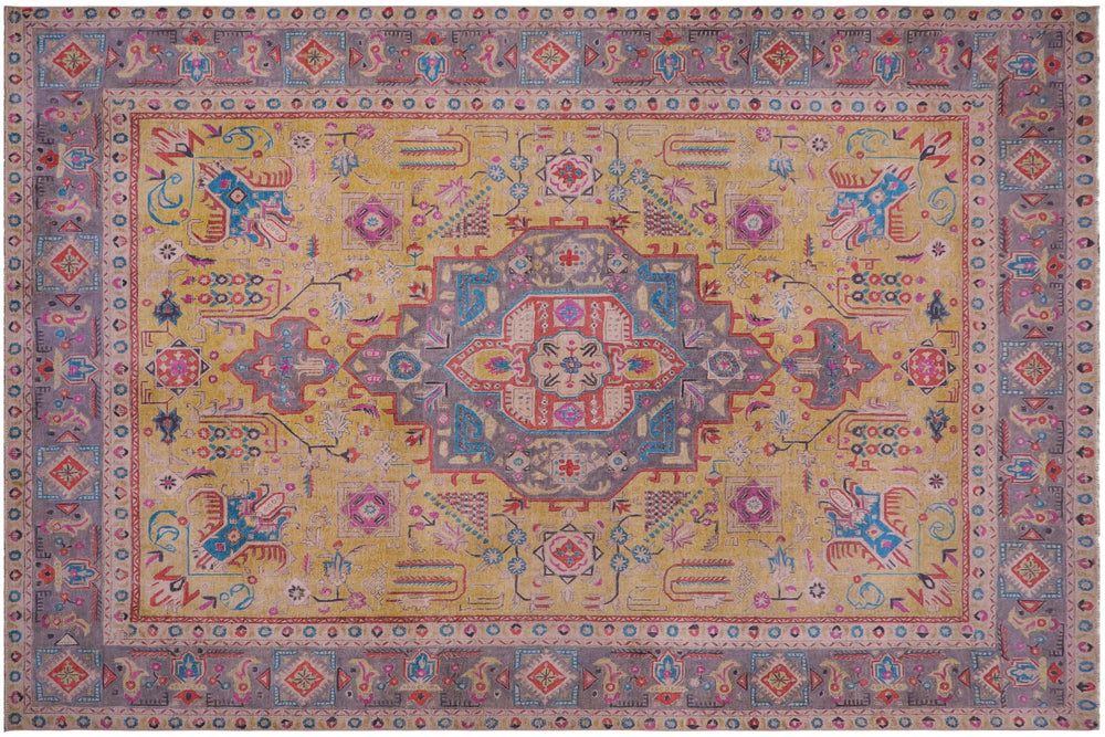 handmade Vintage Tabriz Yellow Gray Hand Knotted RECTANGLE 100% WOOL area rug 9' x 12'