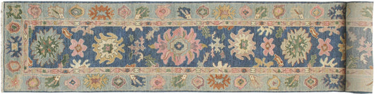 handmade Traditional Oushak Blue Beige Hand Knotted RUNNER 100% WOOL area rug 3' x 19'