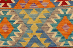 Flat Weave Kilim Antique Navaho Vintage handmade Geometric Kilim Blue Red Hand-Woven Rectangle 100% Wool Area Rug 3x5