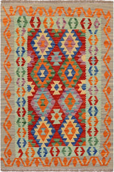 Flat Weave Kilim Antique Navaho Vintage handmade Geometric Kilim Rust Gray Hand-Woven Rectangle 100% Wool Area Rug 4x5