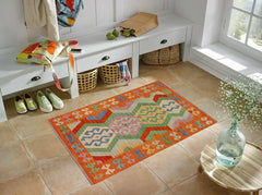 Flat Weave Kilim Antique Navaho Vintage handmade Geometric Kilim Rust Blue Hand-Woven Rectangle 100% Wool Area Rug 3x5