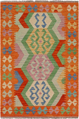 Flat Weave Kilim Antique Navaho Vintage handmade Geometric Kilim Rust Blue Hand-Woven Rectangle 100% Wool Area Rug 3x5
