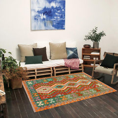 Flat Weave Kilim Antique Navaho Vintage handmade Geometric Kilim Rust Green Hand-Woven Rectangle 100% Wool Area Rug 4x5