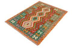 Flat Weave Kilim Antique Navaho Vintage handmade Geometric Kilim Rust Green Hand-Woven Rectangle 100% Wool Area Rug 4x5