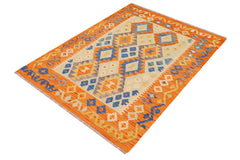 Flat Weave Kilim Antique Navaho Vintage handmade Geometric Kilim Blue Orange Hand-Woven Rectangle 100% Wool Area Rug 4x5