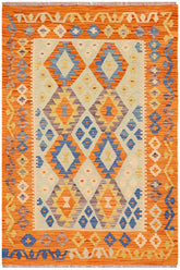 Flat Weave Kilim Antique Navaho Vintage handmade Geometric Kilim Blue Orange Hand-Woven Rectangle 100% Wool Area Rug 4x5