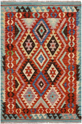 Flat Weave Kilim Antique Navaho Vintage handmade Geometric Kilim Rust Blue Hand-Woven Rectangle 100% Wool Area Rug 3x5