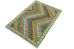 handmade Modern Kilim Green Rust Hand-Woven RECTANGLE 100% WOOL area rug 4x5