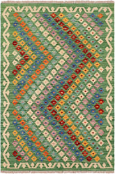 Flat Weave Kilim Antique Navaho Vintage handmade Modern Kilim Green Rust Hand-Woven Rectangle 100% Wool Area Rug 4x5