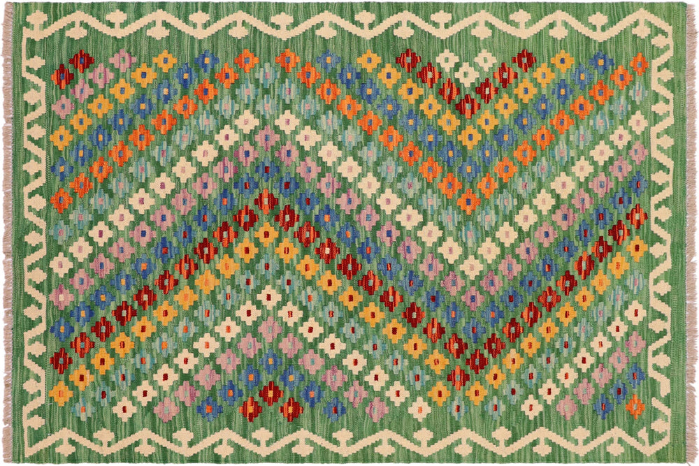 handmade Modern Kilim Green Rust Hand-Woven RECTANGLE 100% WOOL area rug 4x5
