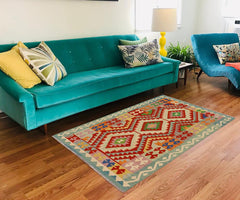 Flat Weave Kilim Antique Navaho Vintage handmade Geometric Kilim Rust Blue Hand-Woven Rectangle 100% Wool Area Rug 4x6