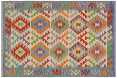 handmade Geometric Kilim Beige Blue Hand-Woven RECTANGLE 100% WOOL area rug 3 x 5