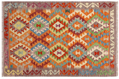 handmade Geometric Kilim Rust Purple Hand-Woven RECTANGLE 100% WOOL area rug 4 x 5