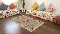 Flat Weave Kilim Antique Navaho Vintage handmade Geometric Kilim Blue Beige Hand-Woven Rectangle 100% Wool Area Rug 4x6