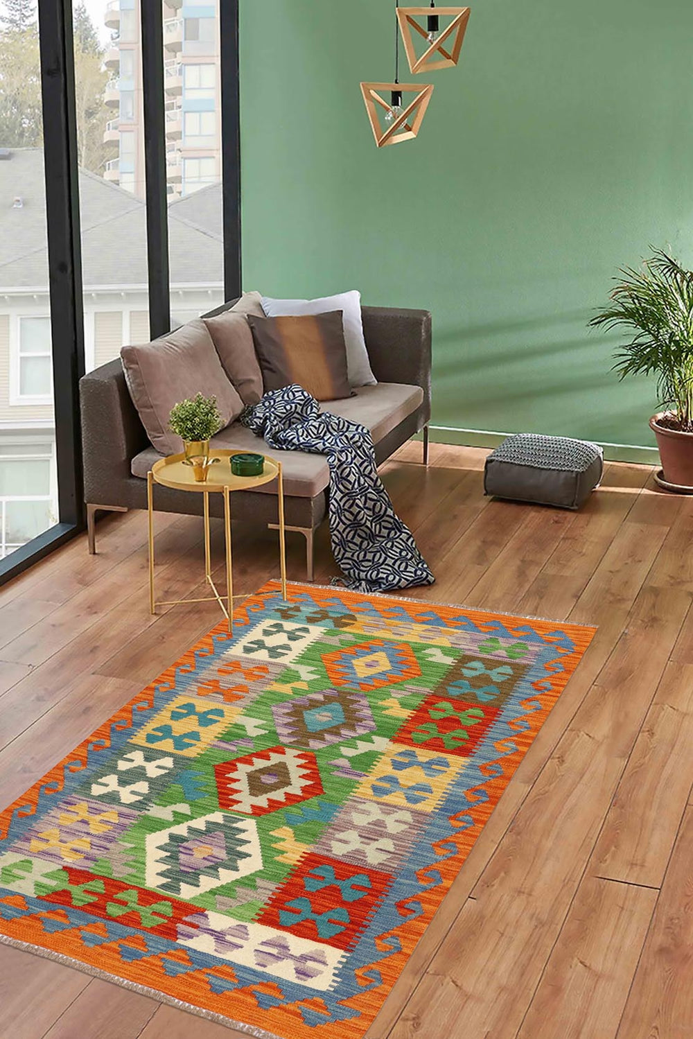 handmade Geometric Kilim Green Rust Hand-Woven RECTANGLE 100% WOOL area rug 3' x 5'