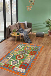 handmade Geometric Kilim Green Rust Hand-Woven RECTANGLE 100% WOOL area rug 3' x 5'
