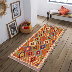 Flat Weave Kilim Antique Navaho Vintage handmade Geometric Kilim Rust Beige Hand-Woven Runner 100% Wool Area Rug 3x7