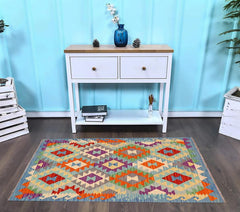 Flat Weave Kilim Antique Navaho Vintage handmade Geometric Kilim Blue Rust Hand-Woven Rectangle 100% Wool Area Rug 3x5