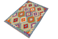 Flat Weave Kilim Antique Navaho Vintage handmade Geometric Kilim Blue Rust Hand-Woven Rectangle 100% Wool Area Rug 3x5