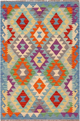 Flat Weave Kilim Antique Navaho Vintage handmade Geometric Kilim Blue Rust Hand-Woven Rectangle 100% Wool Area Rug 3x5