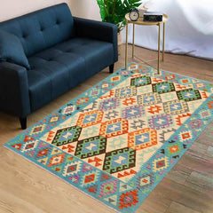 Flat Weave Kilim Antique Navaho Vintage handmade Geometric Kilim Beige Blue Hand-Woven Rectangle 100% Wool Area Rug 5x7