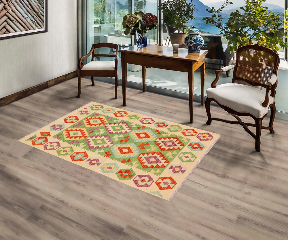 handmade Geometric Kilim Green Beige Hand-Woven RECTANGLE 100% WOOL area rug 3 x 5