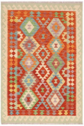 Flat Weave Kilim Antique Navaho Vintage handmade Geometric Kilim Rust Beige Hand-Woven Rectangle 100% Wool Area Rug 4x6