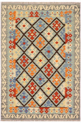 Flat Weave Kilim Antique Navaho Vintage handmade Geometric Kilim Blue Rust Hand-Woven Rectangle 100% Wool Area Rug 4x6